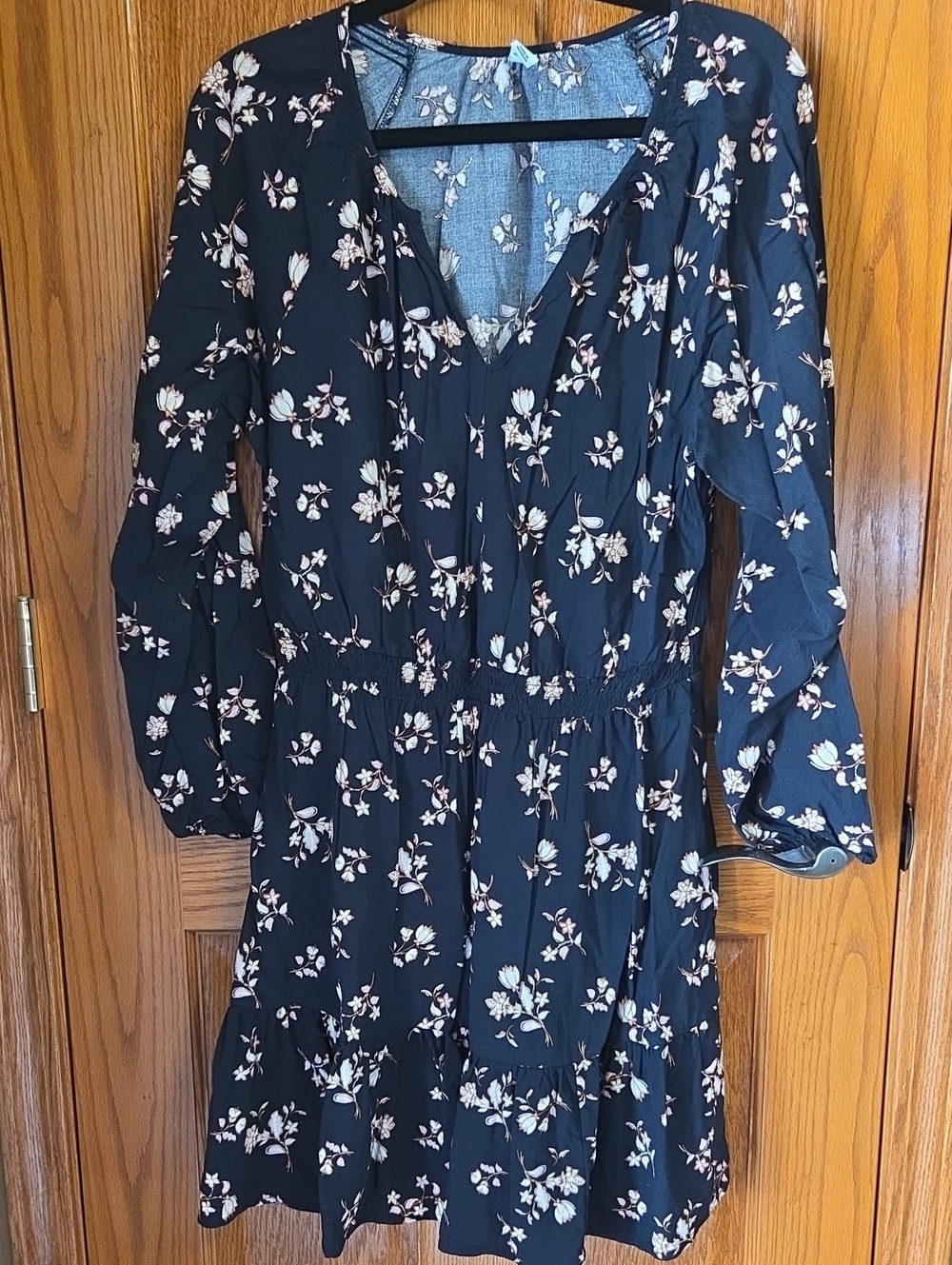 Old Navy Black Floral V-Neck Long Sleeve Dress with Cream & Light Pink Blossoms
